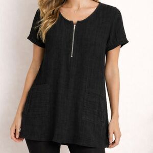 Soft Surroundings Black Linen Cotton Tunic Top Half Zip Pockets Medium
